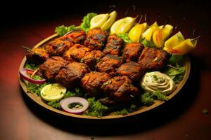 Juicy skewered seekh kababs a mouthwatering blend of spices and grilled goodness AI Generated photo