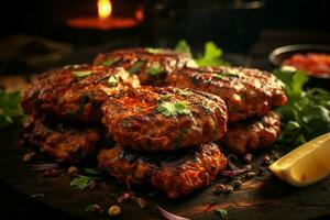 Juicy skewered seekh kababs a mouthwatering blend of spices and grilled goodness AI Generated photo