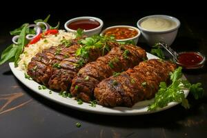 Juicy skewered seekh kababs a mouthwatering blend of spices and grilled goodness AI Generated photo