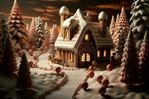 AI generated Christmas gingerbread house Magical fairy tale castle in snowy winter of sugary dreams AI Generated photo