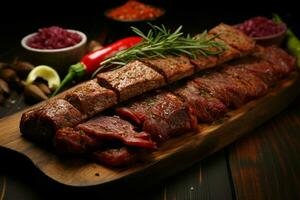 Juicy skewered seekh kababs a mouthwatering blend of spices and grilled goodness AI Generated photo