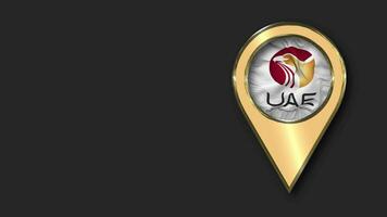 United Arab Emirates Cricket Board Gold Location Icon Flag Seamless Looped Waving, Space on Left Side for Design or Information, 3D Rendering video