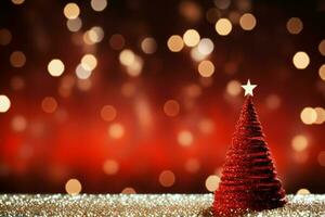 ai generado mágico fiesta Navidad fondo un espumoso árbol y bokeh luces en rojo ai generado foto