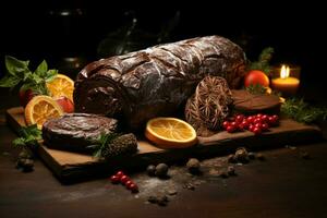 AI generated Classic Yule log a festive treat Christmas cake rolled and adorned for a delightful celebration AI Generated photo