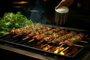 Juicy skewered seekh kababs a mouthwatering blend of spices and grilled goodness AI Generated photo