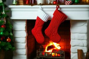 AI generated Christmas Festive celebrations red sock hung by the fireplace awaiting Santas joyful surprises  AI Generated photo