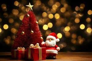 ai generado mágico fiesta Navidad fondo un espumoso árbol y bokeh luces en rojo ai generado foto