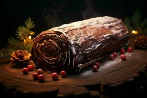 AI generated Classic Yule log a festive treat Christmas cake rolled and adorned for a delightful celebration AI Generated photo