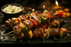 Juicy skewered seekh kababs a mouthwatering blend of spices and grilled goodness AI Generated photo