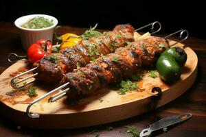 Juicy skewered seekh kababs a mouthwatering blend of spices and grilled goodness AI Generated photo