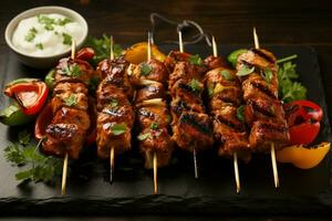 Juicy skewered seekh kababs a mouthwatering blend of spices and grilled goodness AI Generated photo