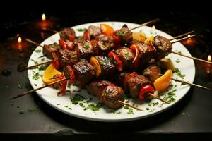 Juicy skewered seekh kababs a mouthwatering blend of spices and grilled goodness AI Generated photo