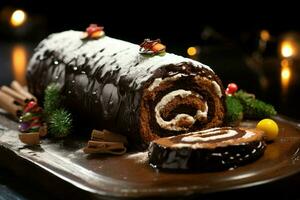 AI generated Classic Yule log a festive treat Christmas cake rolled and adorned for a delightful celebration AI Generated photo