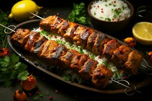 Juicy skewered seekh kababs a mouthwatering blend of spices and grilled goodness AI Generated photo