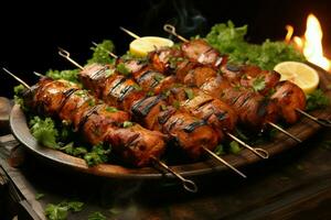 Juicy skewered seekh kababs a mouthwatering blend of spices and grilled goodness AI Generated photo