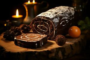 AI generated Classic Yule log a festive treat Christmas cake rolled and adorned for a delightful celebration AI Generated photo