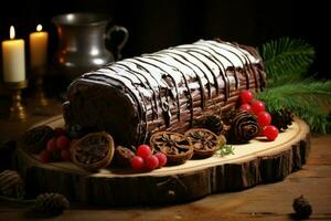 AI generated Classic Yule log a festive treat Christmas cake rolled and adorned for a delightful celebration AI Generated photo