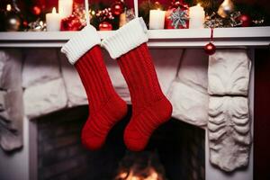 AI generated Christmas Festive celebrations red sock hung by the fireplace awaiting Santas joyful surprises  AI Generated photo