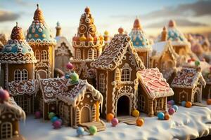 ai generado Navidad pan de jengibre casa mágico hada cuento castillo en Nevado invierno de azucarado Sueños ai generado foto
