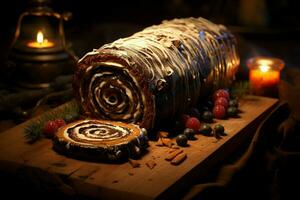 AI generated Classic Yule log a festive treat Christmas cake rolled and adorned for a delightful celebration AI Generated photo