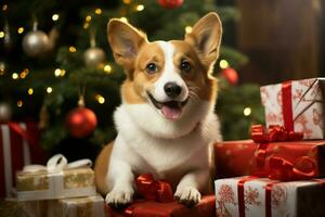 ai generado Navidad festividades con un amable perro celebrando con festivo decoraciones y fiesta alegría ai generado foto