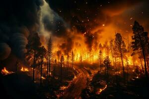 wildfire forest fire Engulfs Woods Fire Spreads Wildly AI Generated photo