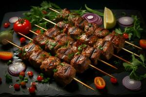 Juicy skewered seekh kababs a mouthwatering blend of spices and grilled goodness AI Generated photo