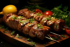 Juicy skewered seekh kababs a mouthwatering blend of spices and grilled goodness AI Generated photo