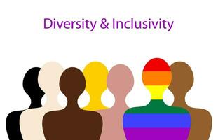 inclusión y diversidad. siluetas de personas y lgbtq colocar, bandera gay orgullo concepto para sitio web, vistoso arco iris firmar, vector ilustración aislado en blanco antecedentes