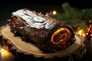 AI generated Classic Yule log a festive treat Christmas cake rolled and adorned for a delightful celebration AI Generated photo