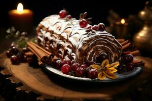 AI generated Classic Yule log a festive treat Christmas cake rolled and adorned for a delightful celebration AI Generated photo