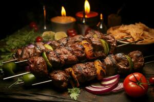 jugoso ensartado seekh brochetas un Agua en la boca mezcla de especias y A la parrilla bondad ai generado foto