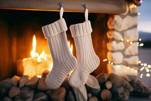 AI generated Christmas Festive celebrations red sock hung by the fireplace awaiting Santas joyful surprises  AI Generated photo