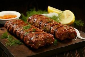 Juicy skewered seekh kababs a mouthwatering blend of spices and grilled goodness AI Generated photo