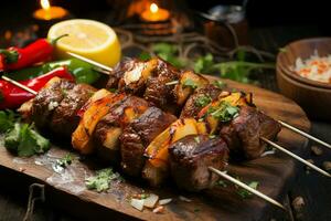 Juicy skewered seekh kababs a mouthwatering blend of spices and grilled goodness AI Generated photo