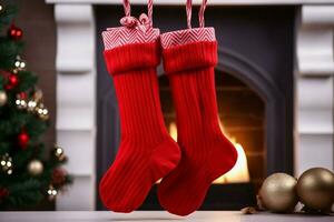 AI generated Christmas Festive celebrations red sock hung by the fireplace awaiting Santas joyful surprises  AI Generated photo