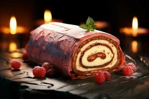 AI generated Classic Yule log a festive treat Christmas cake rolled and adorned for a delightful celebration AI Generated photo