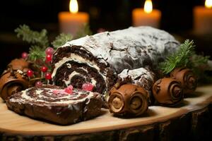 AI generated Classic Yule log a festive treat Christmas cake rolled and adorned for a delightful celebration AI Generated photo