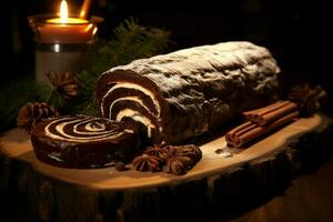 AI generated Classic Yule log a festive treat Christmas cake rolled and adorned for a delightful celebration AI Generated photo