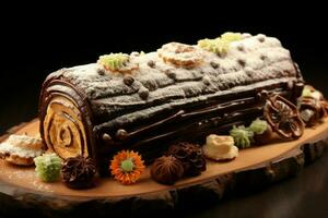 AI generated Classic Yule log a festive treat Christmas cake rolled and adorned for a delightful celebration AI Generated photo