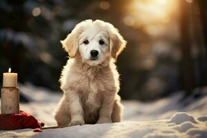 ai generado Navidad festividades con un amable perro celebrando con festivo decoraciones y fiesta alegría ai generado foto