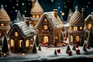 ai generado Navidad pan de jengibre casa mágico hada cuento castillo en Nevado invierno de azucarado Sueños ai generado foto