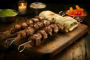 Juicy skewered seekh kababs a mouthwatering blend of spices and grilled goodness AI Generated photo