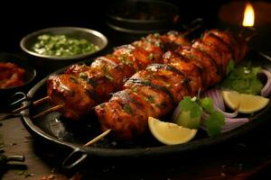 Juicy skewered seekh kababs a mouthwatering blend of spices and grilled goodness AI Generated photo