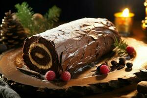 AI generated Classic Yule log a festive treat Christmas cake rolled and adorned for a delightful celebration AI Generated photo