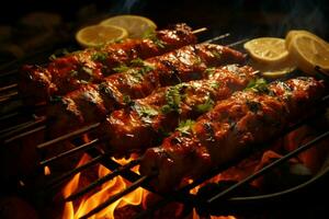 Juicy skewered seekh kababs a mouthwatering blend of spices and grilled goodness AI Generated photo