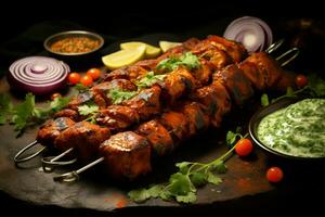 Juicy skewered seekh kababs a mouthwatering blend of spices and grilled goodness AI Generated photo