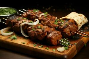 Juicy skewered seekh kababs a mouthwatering blend of spices and grilled goodness AI Generated photo