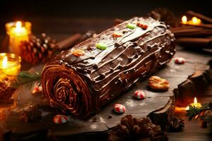 AI generated Classic Yule log a festive treat Christmas cake rolled and adorned for a delightful celebration AI Generated photo