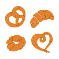 Crispy and puffy hand drawn pastries set. Different kind of bread or rolls. Vector flat bread illustration